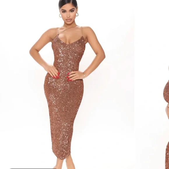 Fashion Nova | Dresses | Brown Sequin Midi Dress | Poshmark